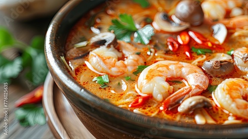 Close-up of a spicy Tom Yum soup with shrimp mushrooms photo