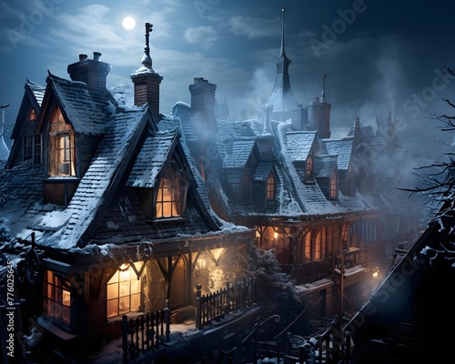 Night view of old european houses in the snow. Winter landscape.