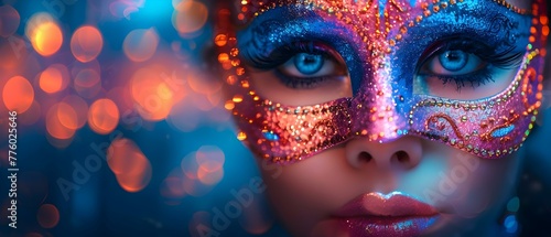 Colorful Mardi Gras mask with glitter bokeh city lights in background Perfect for carnival celebration. Concept Mardi Gras Photography, Glitter Bokeh Lights, Carnival Celebration, Colorful Masks