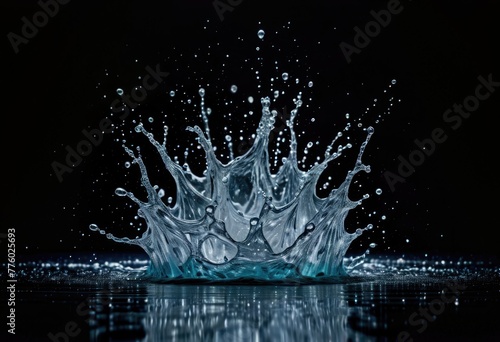 Scattered water splashes dance across a stark black background