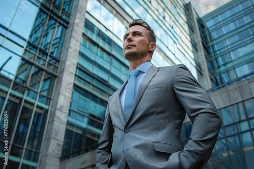 Confident business man in a sharp suit standing in front of a modern corporate building