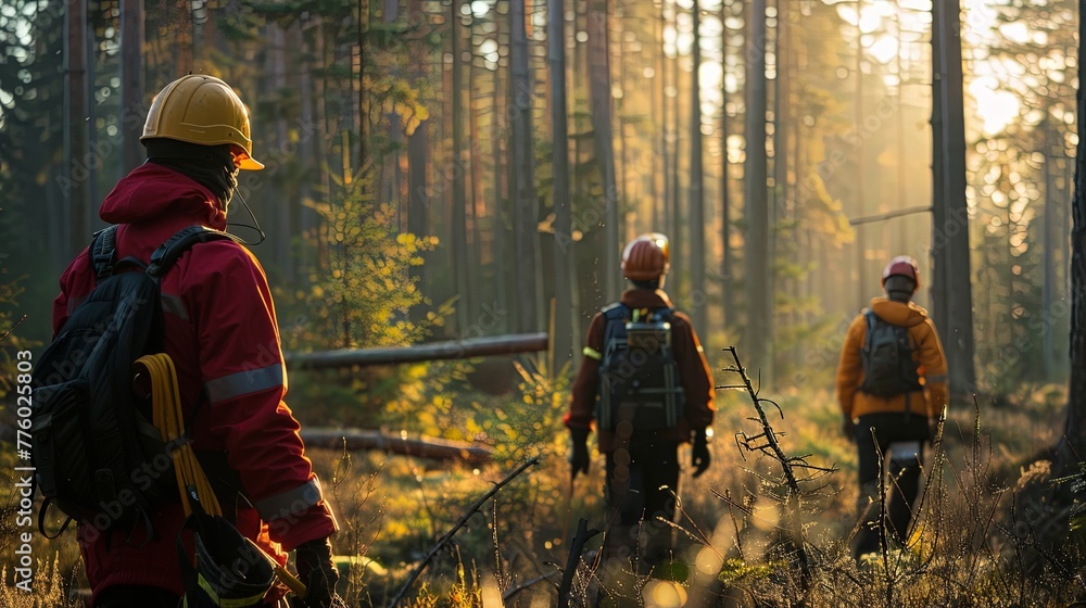 Naklejka premium Forestry workers in protective gear marking trees for sustainable logging