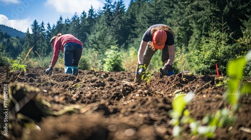 Forestry workers planting trees in a sustainably managed forest photo