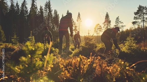 Forestry workers planting trees in a sustainably managed forest