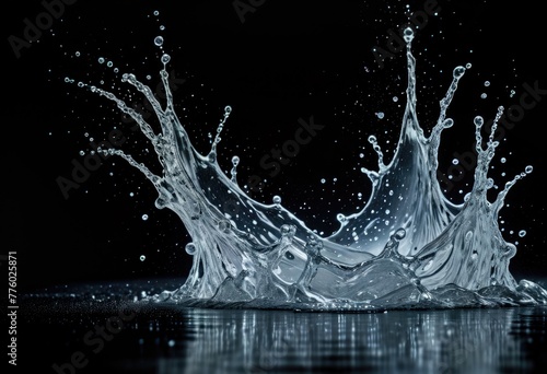 Scattered water splashes dance across a stark black background