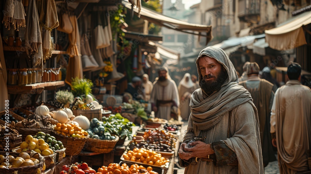 Obraz premium Medieval Market: Photograph bustling market scenes with merchants, traders, and peasants selling goods to showcase daily life during the Middle Ages 
