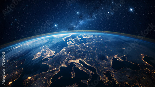 Europe at night viewed from space with city lights showing human activity in Germany, France, Spain, Italy and other countries, 3d rendering of planet Earth.