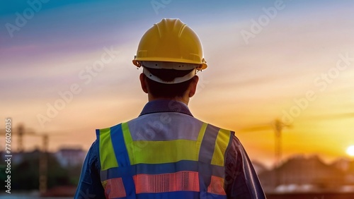 a civil engineer at evening time, with a softly blurred background, portraying dedication and focus as they inspect a construction site or architectural project.