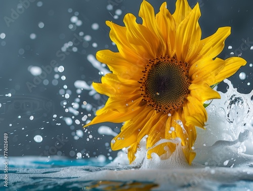 Sunflower sinking in milk tank, high speed, professional photography