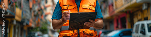 A man worker working in a port, industry, with containers, checking documents, writing on a piece of paper. A person in work clothes doing work