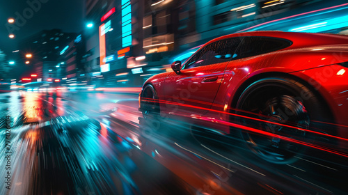red luxury car overtaking on the street at night , city street , traffic urban , speed motion line © The Thee Studio
