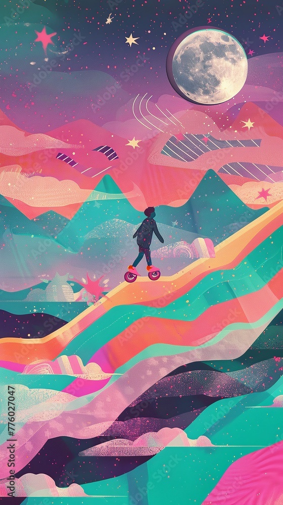 Fototapeta premium Embrace minimalism in motion. Picture a close-up: you, riding roller skates with grace. Anime style meets moody ambiance, set amidst moon and clouds. Splashes of pink and turquoise add whimsy.