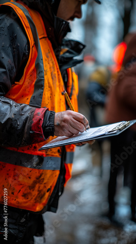A man in a high-visibility vest checks and writes, an engineer writes something down in documents, a policeman takes notes, a firreman takes notes