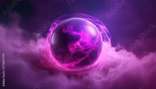 Abstract round energy sphere with moving liquid against dark neon purple clouds. Magical glowing ball.
