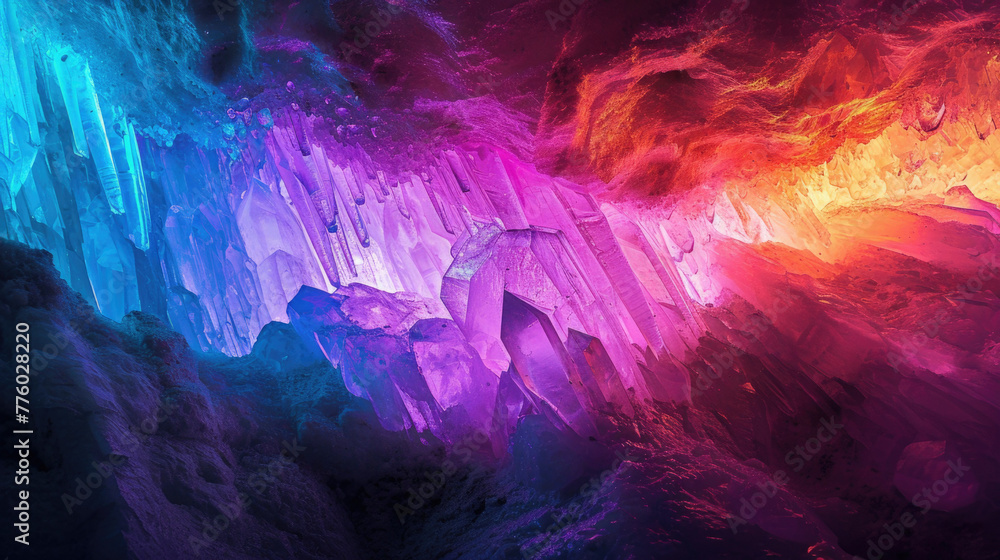 Many color gem glass stalagmite formations inside cave.