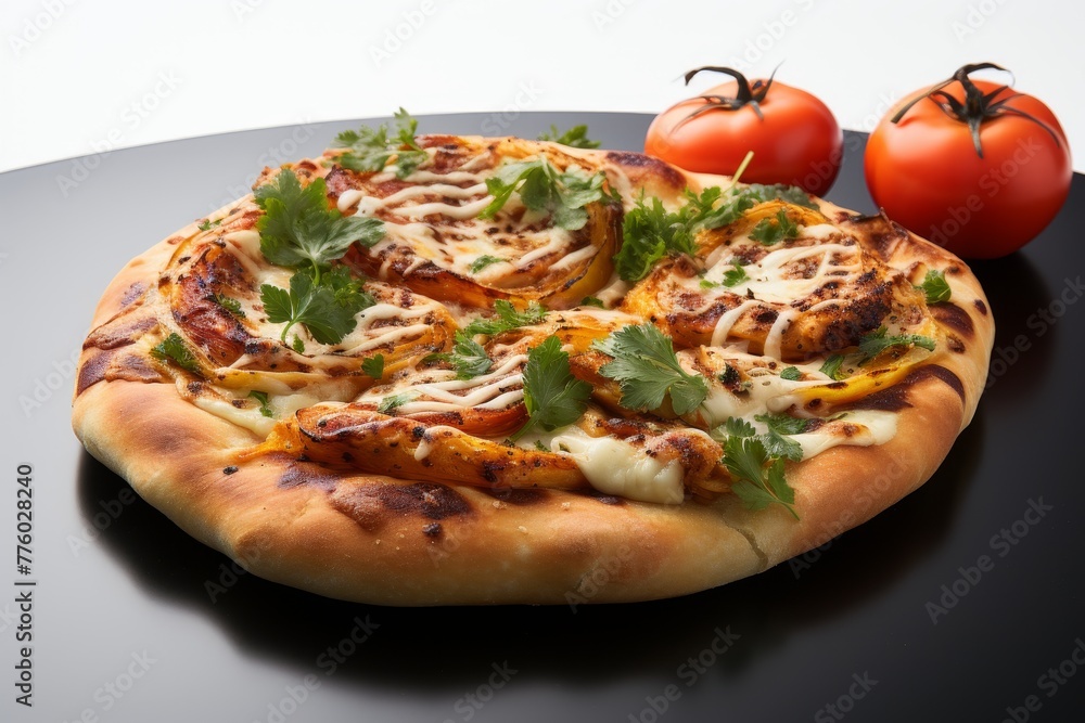 Delicious pizza with melted cheese, italian sausage, and fresh herbs on white background