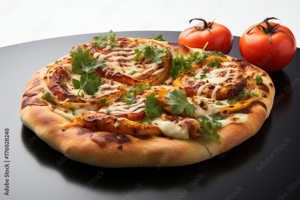 Delicious pizza with melted cheese, italian sausage, and fresh herbs on white background Delicious pizza with melted cheese, italian sausage, and fresh herbs on white background