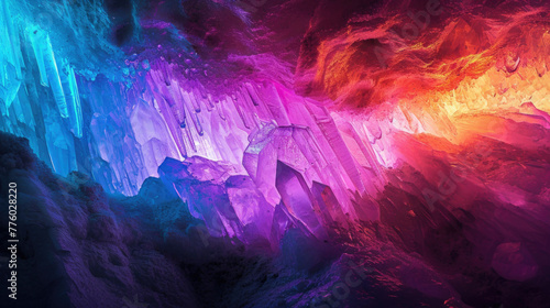 Many color gem glass stalagmite formations inside cave.
