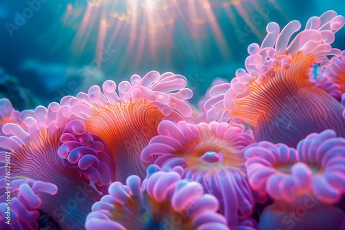 beautiful coral color underwater anemone pattern, sun reflections, very beautiful © World of AI