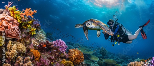 The female scuba diver poses with a Hawksbill turtle swimming over coral reef in the blue sea. Marine life and underwater world concepts. photo