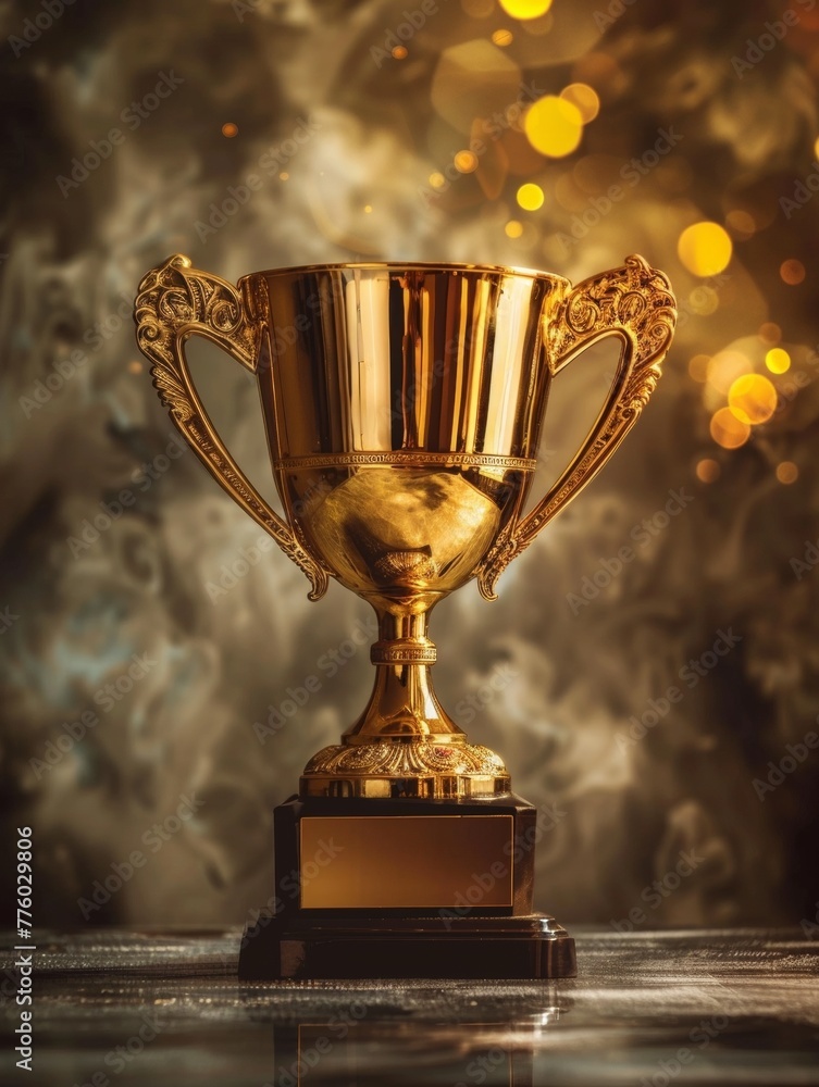 A stunning golden trophy cup stands resplendent, its ornate handles and gleaming surface radiating an aura of triumph and prestige, evoking a sense of hard-won victory and supreme accomplishment. A stunning golden trophy cup stands resplendent, its ornate handles and gleaming surface radiating an aura of triumph and prestige, evoking a sense of hard-won victory and supreme accomplishment.