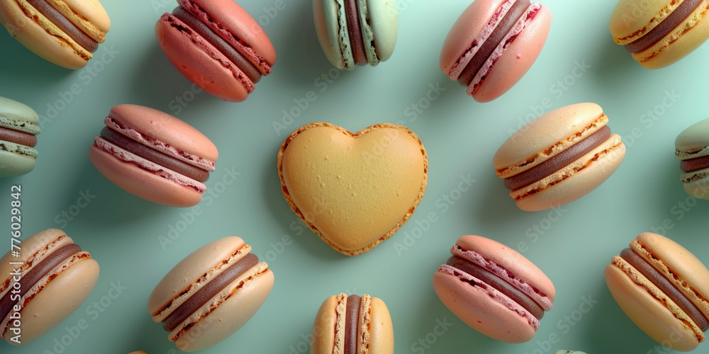 Multicolored heartshaped macarons on blue background, sweet and vibrant dessert arrangement concept Multicolored heartshaped macarons on blue background, sweet and vibrant dessert arrangement concept