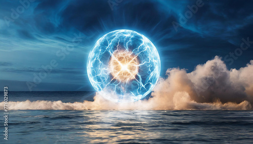 Abstract round magical energy sphere. Electric glowing ball and smoke over the sea. Blue sky