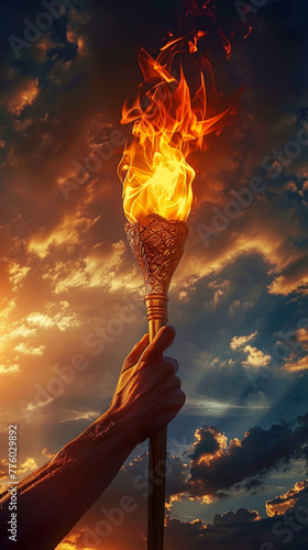 In the embrace of twilight, a single hand holds high a flaming torch, evoking a sense of triumph and resilience.