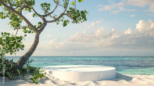 A white podium on the sandy beach adorned with a lar AI generated illustration photo