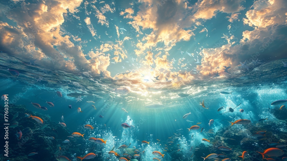 Whimsical spectacle: Fish soaring gracefully through the heavens above as birds serenely swim beneath the water's surface. - obrazy, fototapety, plakaty 