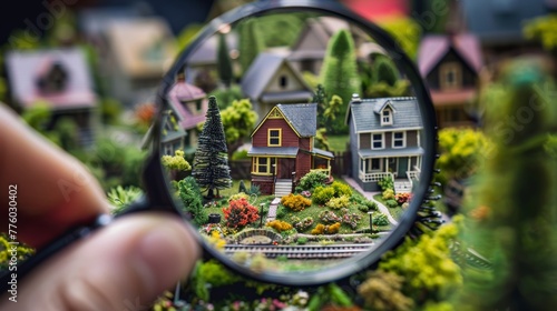 Admiring the detailed landscaping of tiny model homes through a magnifying glass  AI generated illustration photo