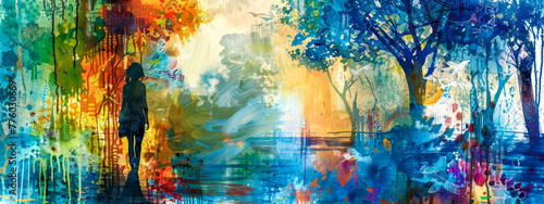 Abstract colorful forest panorama with silhouettes