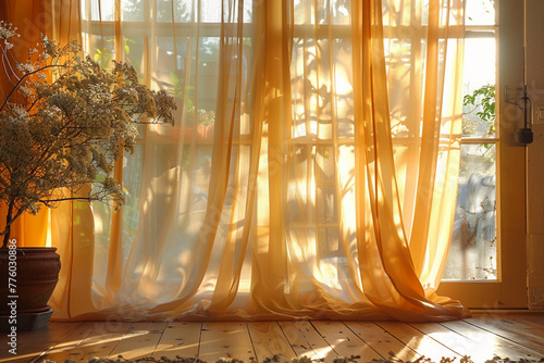 The warm glow of sunlight highlights the gracefulness of flowing sheer curtains in a home setting