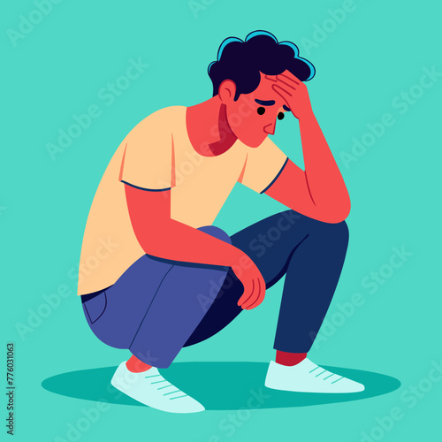 Expressing a feeling of stress and worry. A man sits with his hands on his head and cries.