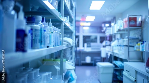 Blurred image of a sterilization area with shelves o  AI generated illustration photo