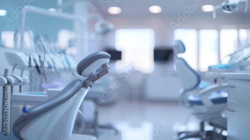 Blurred image of dental chairs and equipment in a mo  AI generated illustration