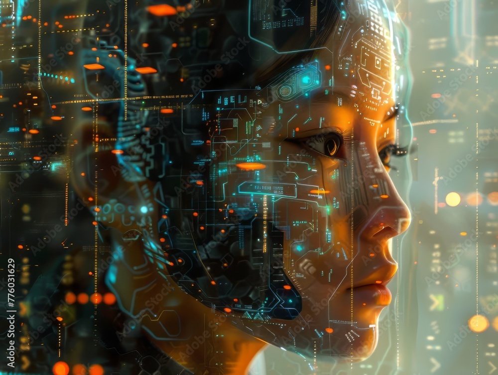 A woman's face is shown in a computer generated image with a lot of blue and orange colors. The image is of a futuristic woman with a face made of circuits and wires A woman's face is shown in a computer generated image with a lot of blue and orange colors. The image is of a futuristic woman with a face made of circuits and wires