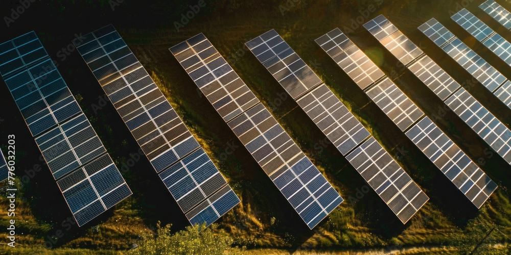 Solar energy farm with rectangular panels on a lawn in the forest, banner