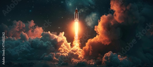 A rocket launching into the sky with clouds and stars