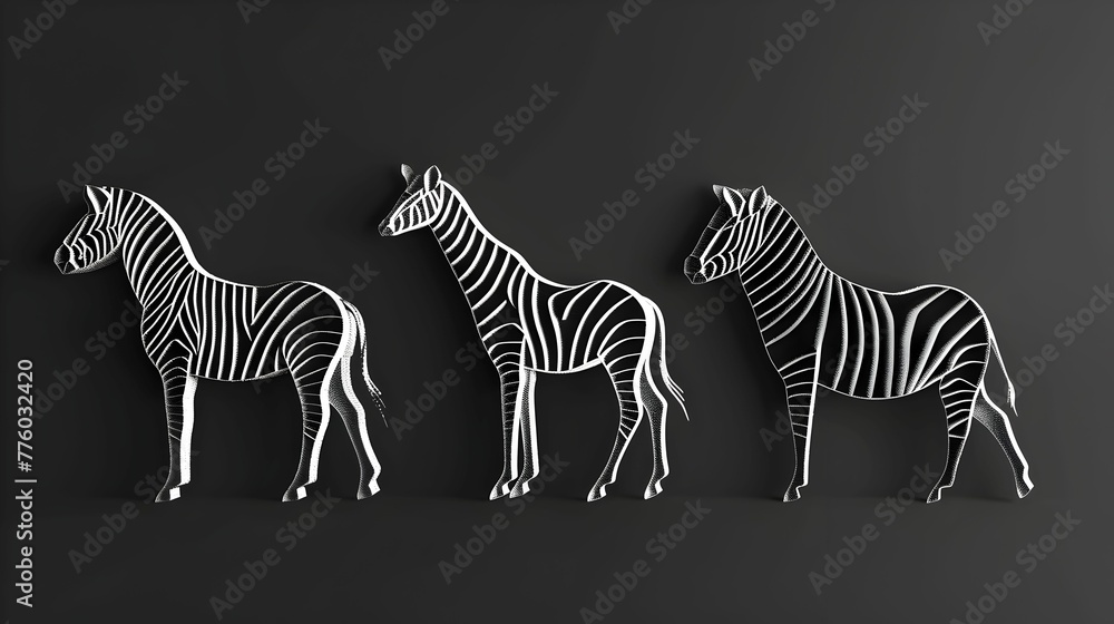 Fototapeta premium Digital illustration featuring three zebras with a striking white wireframe design set against a dark backdrop, symbolizing contrast and elegance.
