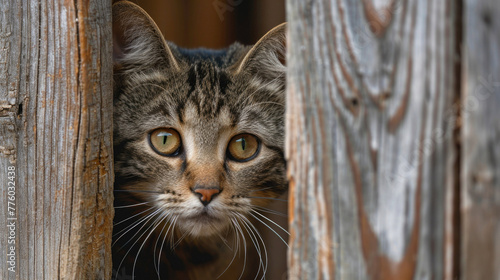 A funny cat peeks out from behind an old wall. Portrait of a wild cat. Homeless cats on the street