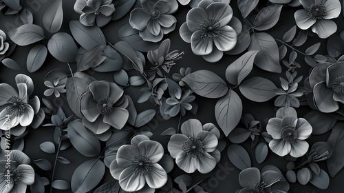 An exquisite monochrome floral design featuring a detailed array of flowers and leaves in varying shades of gray  set against a dark backdrop.
