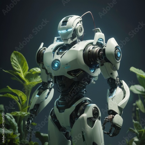A white robot with blue glowing elements carefully tends to green plants, symbolizing the intersection of nature and advanced robotics technology © video rost