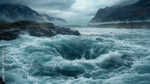 Waves of water of the river and the sea meet each other during high tide and low tide. Whirlpools of the maelstrom.