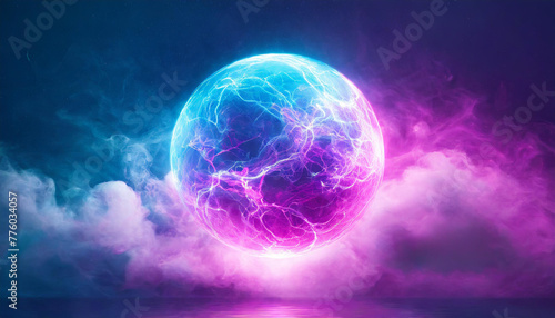 Abstract round magical energy sphere. Glowing electric ball in neon pink purple clouds of smoke. photo