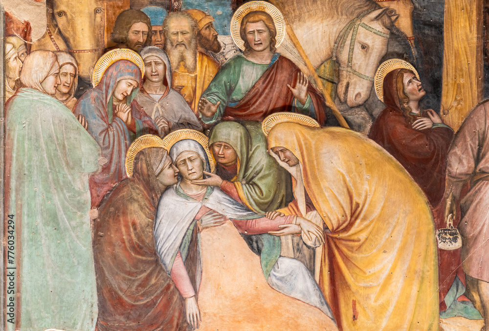 Naklejka premium Detail of religious painting showing a group of women consoling a fainted Virgin Mary after Jesus died