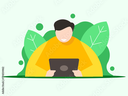 A man reads an e-book. The tablet in the hands. News online. Vector graphics