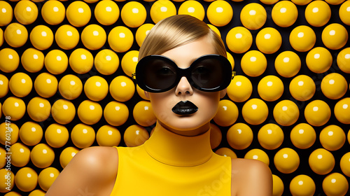 a model wearing orange sunglasses in a field of yellow balls, in the style of bold and graphic compositions, bold fashion photography photo