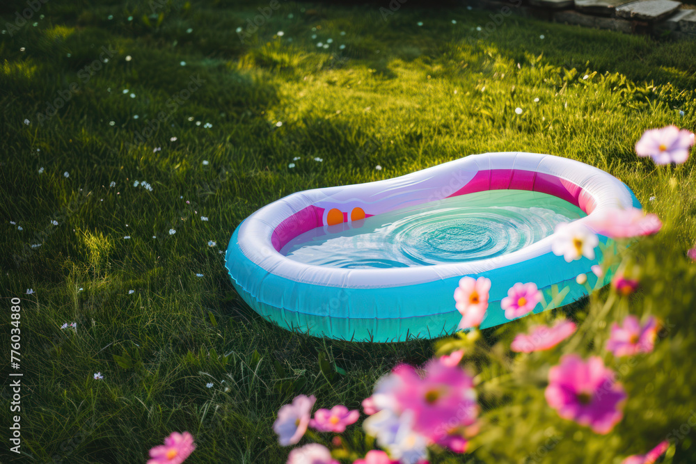 Outdoor blue inflatable pool with clean water. - obrazy, fototapety, plakaty 