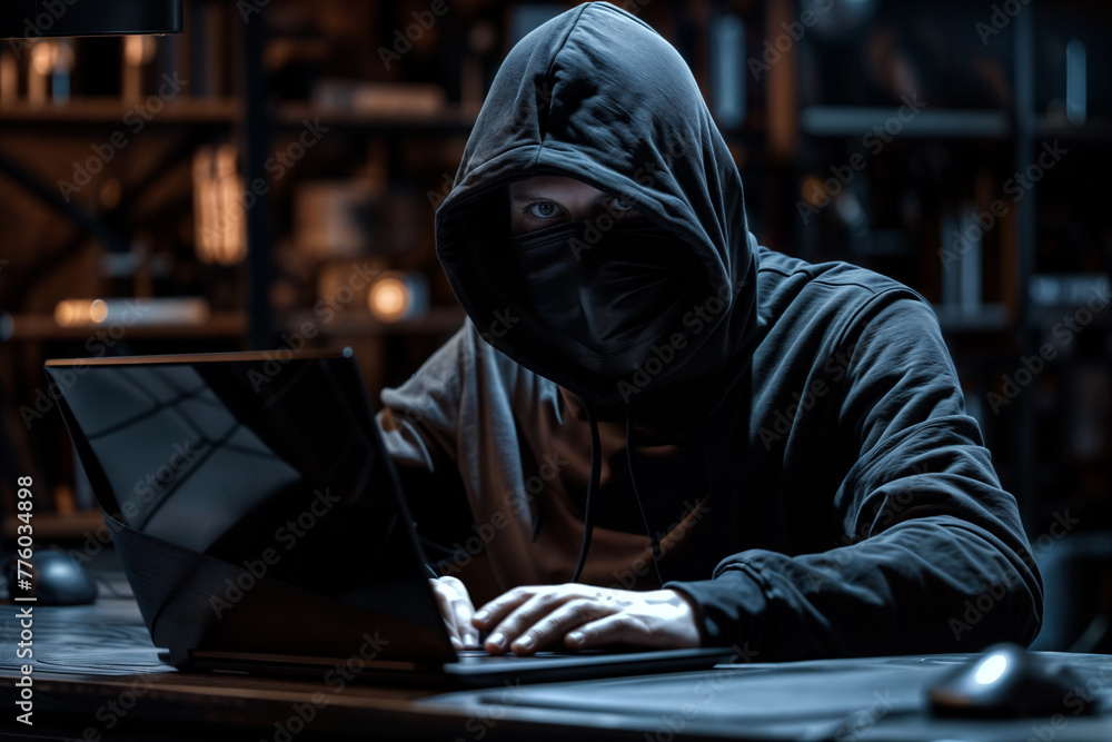 Anonymous figure in a hoodie and mask using a computer, concept for cyber security or hacking Anonymous figure in a hoodie and mask using a computer, concept for cyber security or hacking